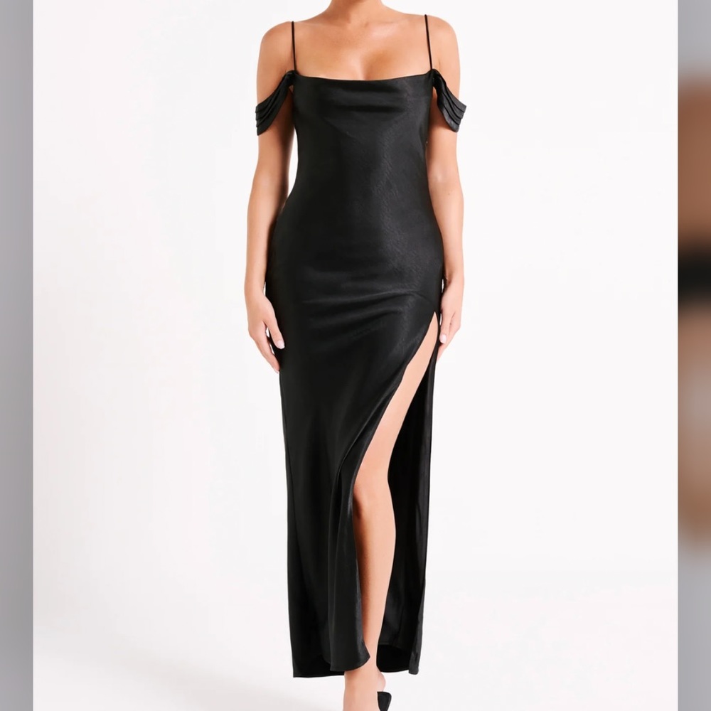 Meshki Black Satin Off-Shoulder Maxi Dress with High Leg Slit